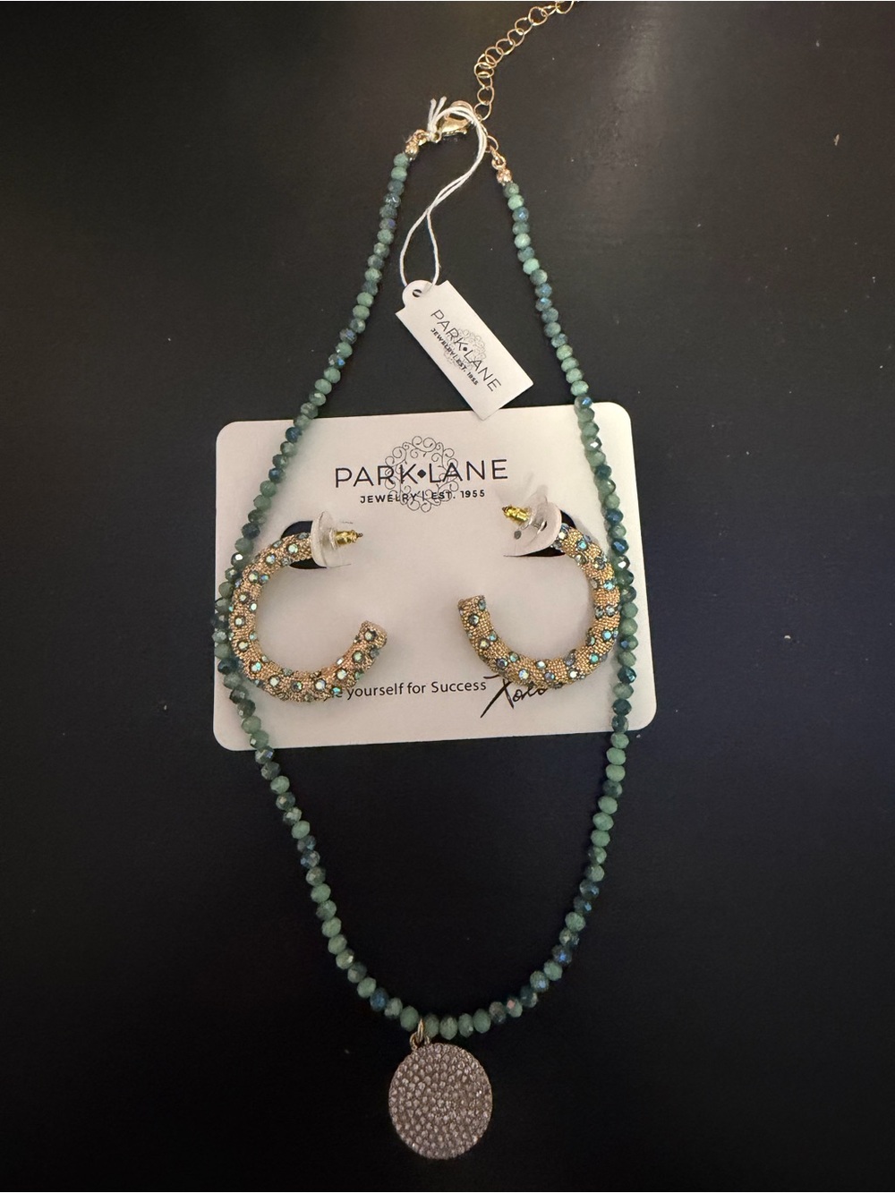 Park Lane Gold-Tone Green Bead Necklace with Pave Disc and Crystal Hoop Earrings